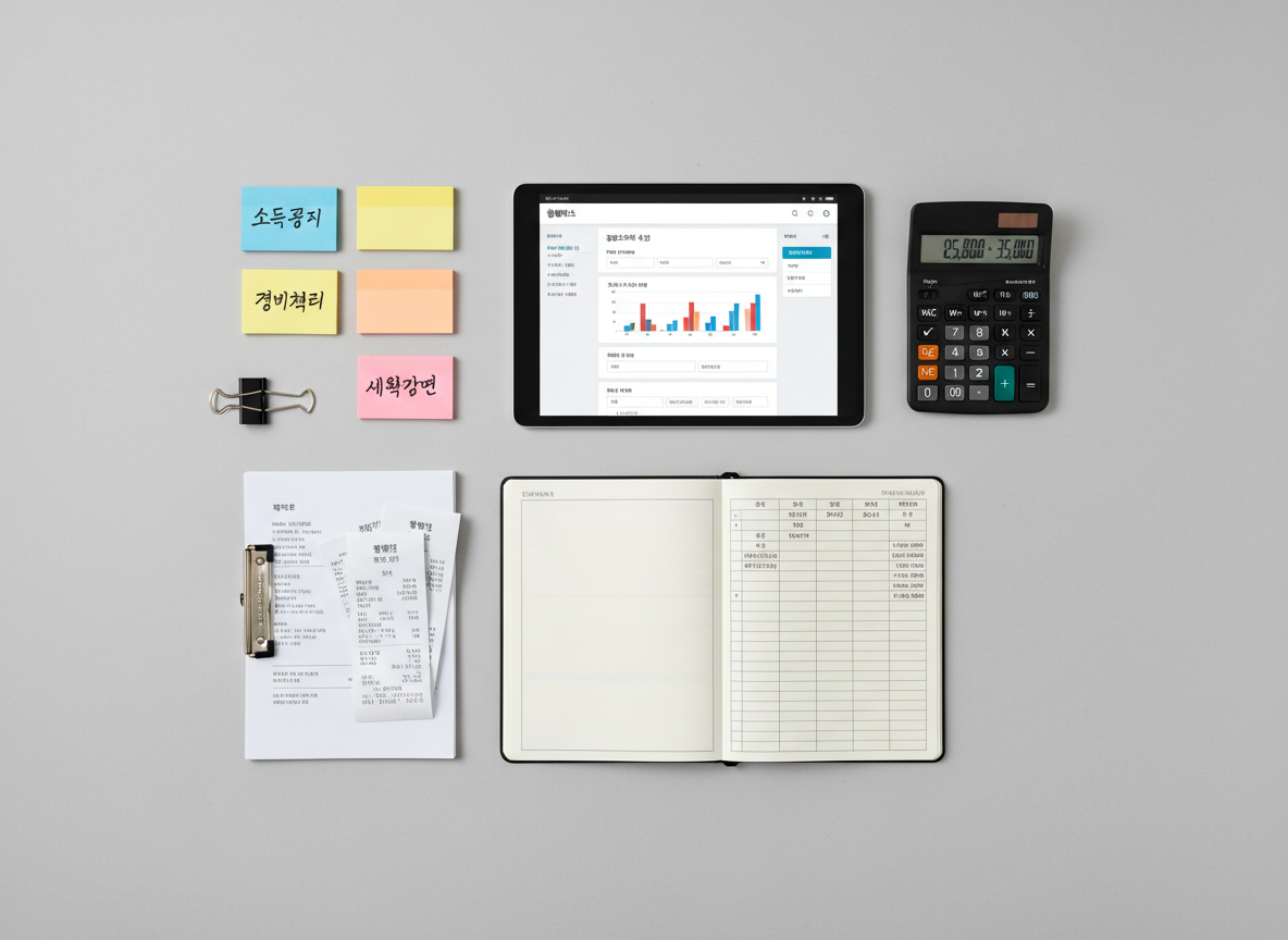 An overhead, flat-lay composition of a freelancer’s tax-preparation toolkit carefully arranged on a light grey background. There is a sleek tablet displaying a Korean 홈택스 style dashboard, a calculator with a clear digital display, color-coded sticky notes with handwritten Korean labels like 소득공제 and 경비처리, and a simple monthly expense ledger open to a clean page filled with neatly aligned numbers. A metal clip binds a sample invoice and 영수증 set at one edge. Soft, diffused overcast lighting eliminates harsh shadows, creating a calm and methodical atmosphere. The photographic realism and balanced, symmetrical layout convey precision, practicality, and ease of use for self-employed professionals managing their finances.