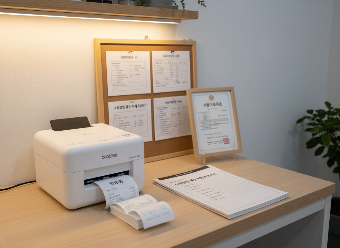 A tidy counter in a small shop office, featuring a compact receipt printer, a stack of crisp printed 영수증, and a small business license certificate displayed in a clear acrylic stand. Nearby, a bound checklist booklet titled 소상공인 필수 서류 체크리스트 sits open, its neatly formatted bullet points easily readable. Behind, a simple corkboard holds pinned sample notices, such as 사업자등록증 사본 and 임대차계약서 안내, arranged in a clean grid. Warm but soft indoor lighting from overhead fixtures creates gentle highlights on plastic and paper surfaces without glare. Captured at a slightly low angle to emphasize the documents, with moderate depth of field and photographic realism, the mood is practical, approachable, and well-organized for small shop owners.