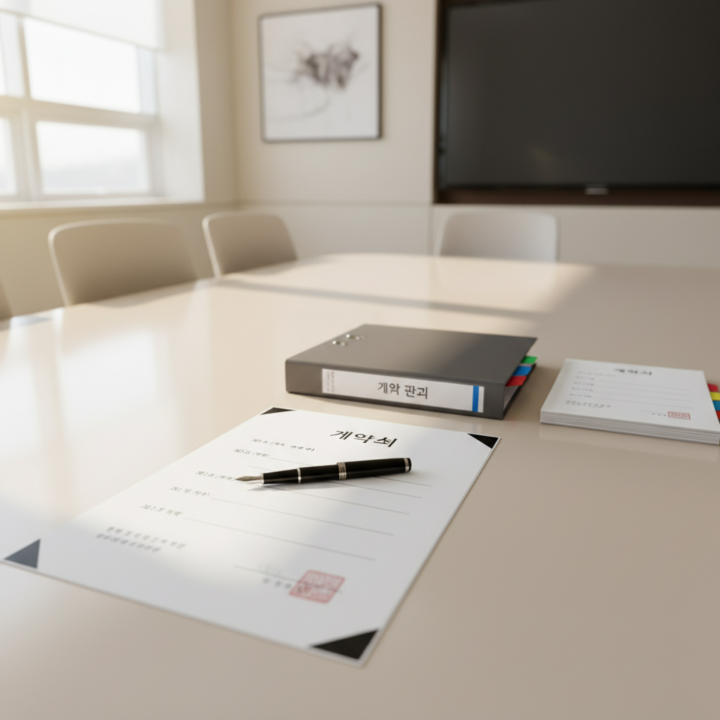 A clean conference table in a neutral-toned meeting room, with a prominently displayed Korean-style 계약서 (contract) printed on high-quality paper, its title and section headings clearly visible but with blank fields. A fine black pen rests precisely along the signature line. Beside it lies a neatly tabbed binder labeled 계약 관리 with colored index tabs peeking out, suggesting organized case files. A subtle stack of sample 계약서 양식 templates sits aligned at the edge. Soft, directional daylight from a side window creates gentle contrast and a faint shadow of the pen across the page. The photographic realism, eye-level composition, and uncluttered background establish a serious yet accessible mood, ideal for explaining contract basics to business owners.